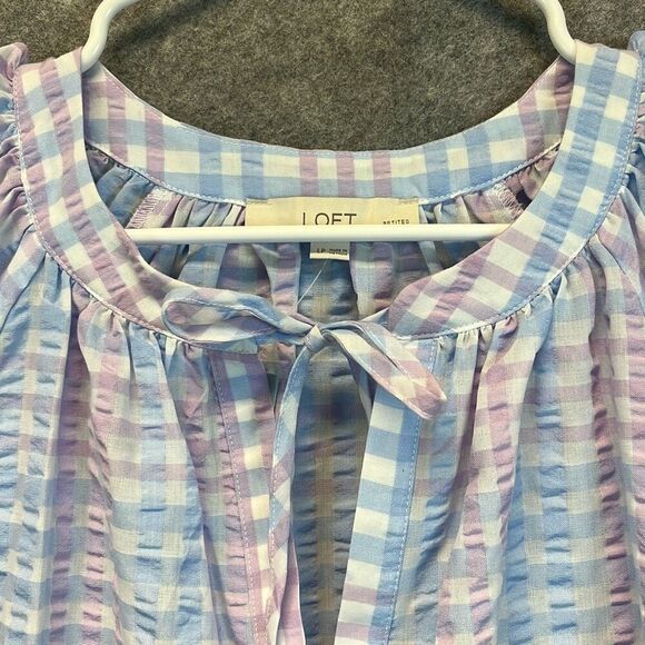 NWT LOFT Large Petite Blouse Puff Sleeve Gingham Pastel Blue Pink LP Tie Spring - Picture 6 of 16